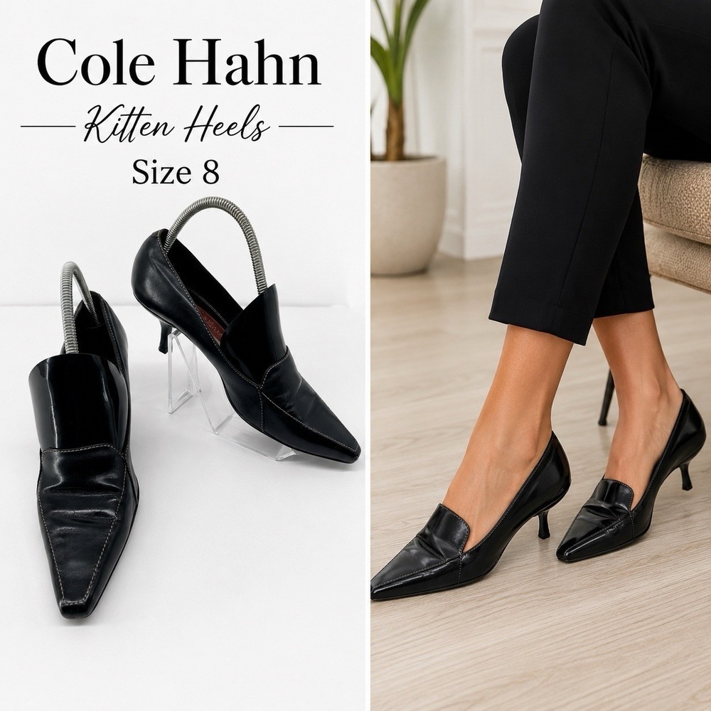 Cole Haan Black Leather Heels Pumps Pointed Toe Kitten Heel Women 8B Career